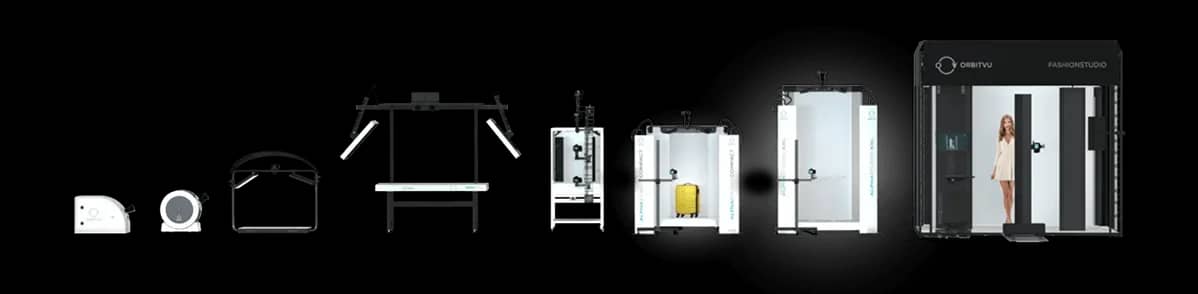 Línea de estudios automáticos de fotografía de producto Orbitvu, desde plataformas giratorias compactas hasta el Fashion Studio completo